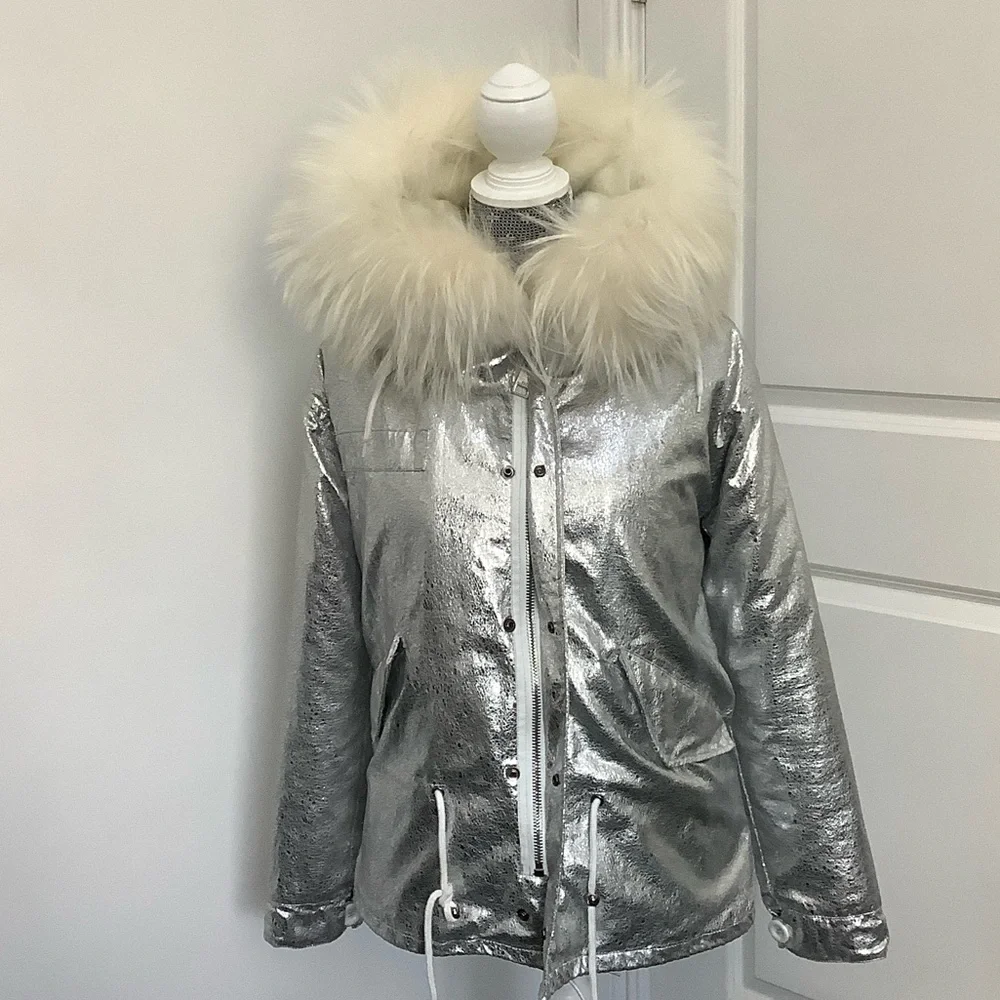 Silver Faux Fur Hooded Jacket, Size M - Picture 6 of 13